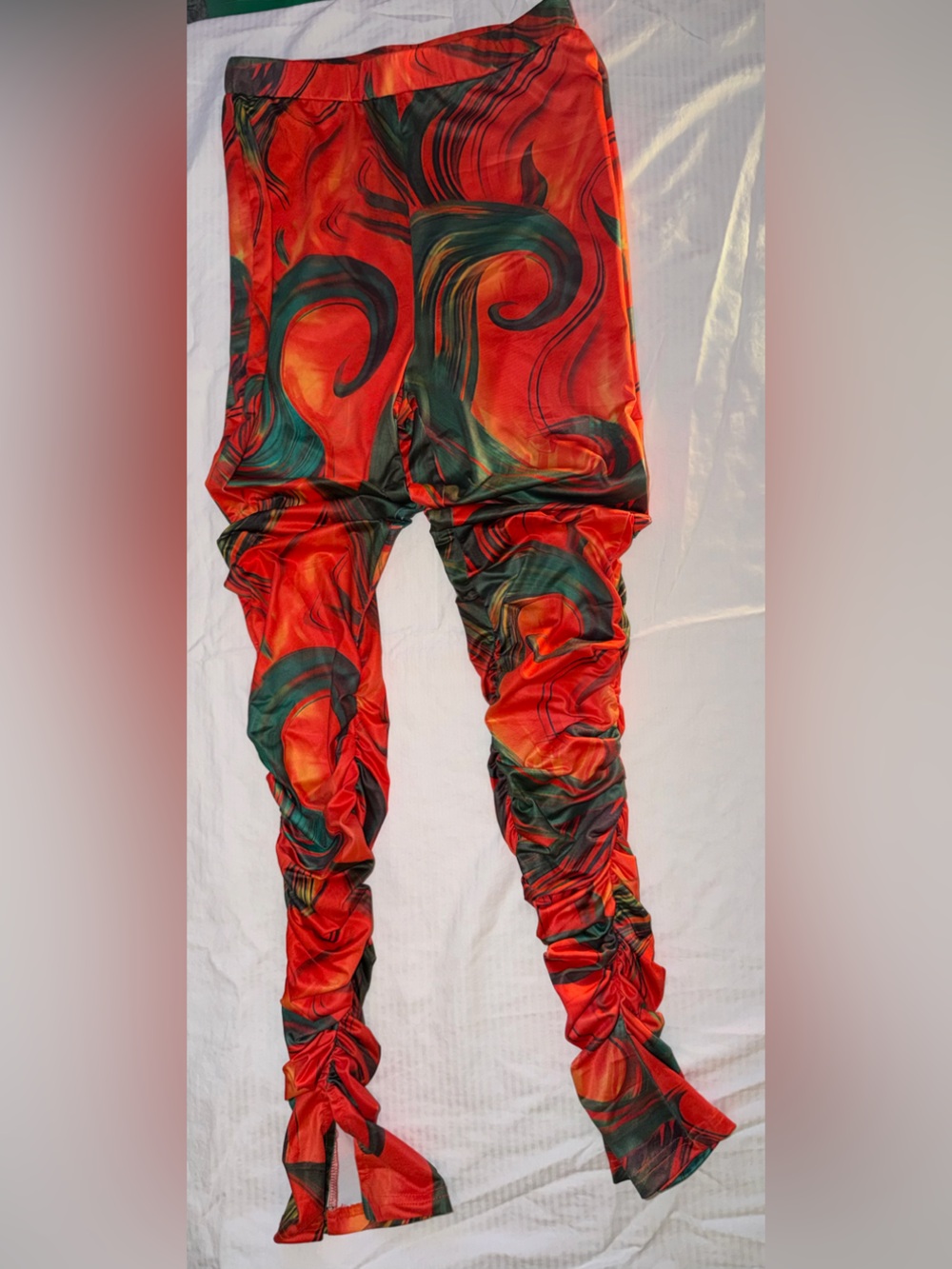 Ruched pants in Red & Green Abstract Print